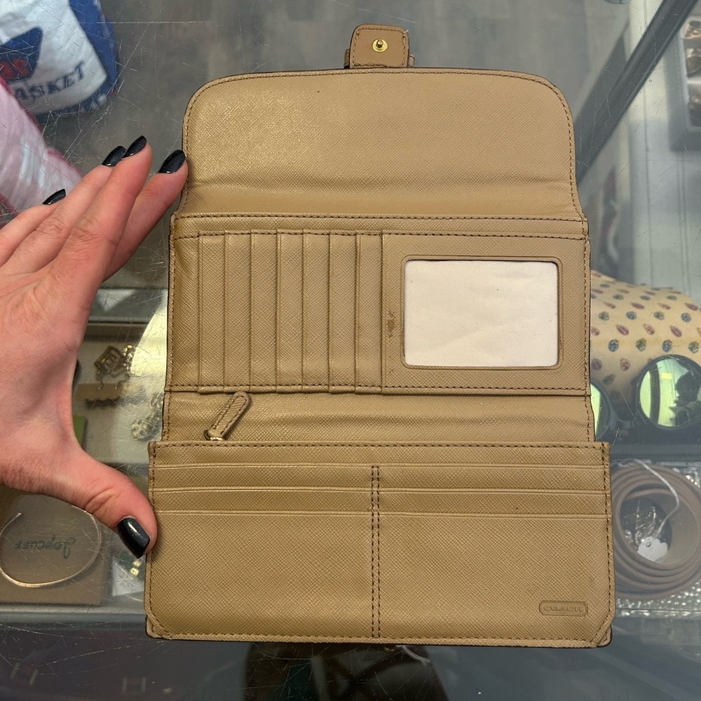 Coach Taupe Leather Flap Wallet Brass Turn Lock Long Bifold Neutral - Picture 3 of 7